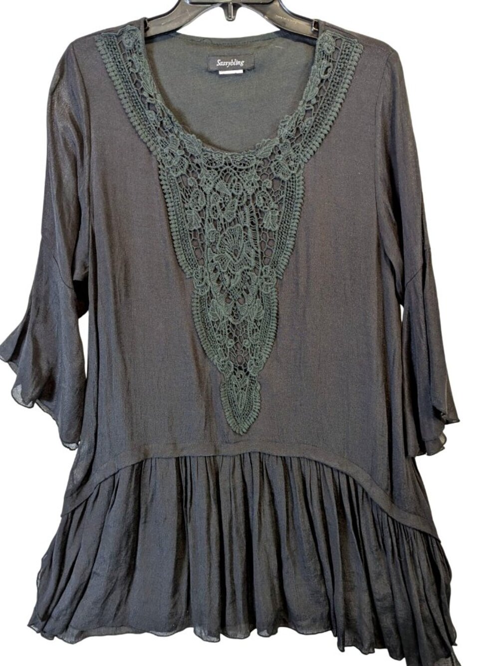 Sassy Bling Women XL Black Boho Tunic Top Crochet Lace Embellished Gothic Witchy